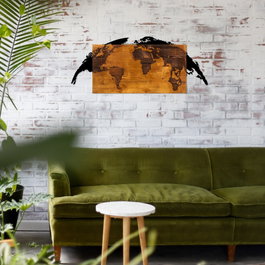 Wallity World Map - Escultura de pared de madera y metal en Nogal y Negro